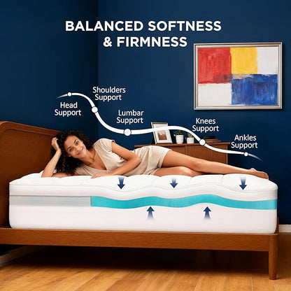 King Size Dual Layer 4 Inch Memory Foam Mattress Topper, 2 Inch Cooling Gel Infused Memory Foam and 2 Inch Airflow Down Alternative Pillow Top, 8-24 Inch Deep Pocket Bed Topper