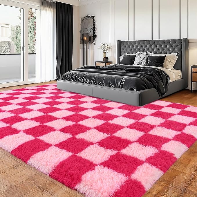 Area Rugs for Living Room, Soft Shaggy Carpets for Living Room, Fuzzy Rugs for Kids' Room, Perfect Decor for Modern Home Hot Pink Grid 4x6 Feet