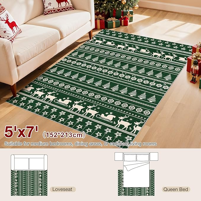Abstract Living Room Rug 5X7 - Modern Washable Christmas Soft Thin Area Rug for Living Room Bedroom Under Dining Table - Neutral Indoor Floor Rug Carpets for Home Office Playroom Nursery - Dark Green