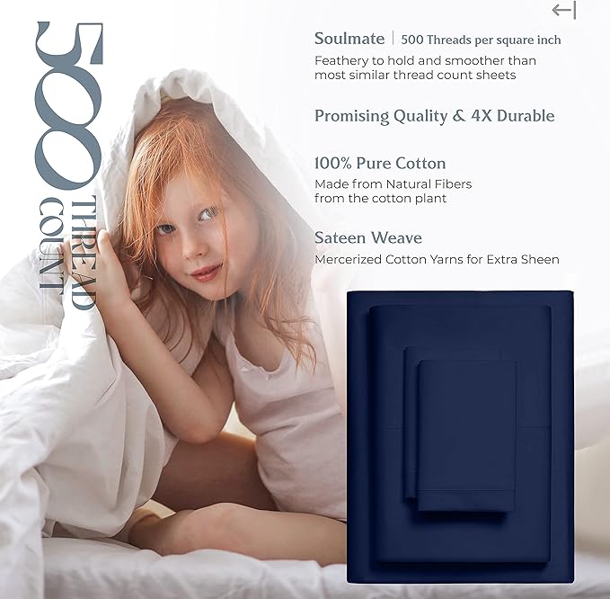 Mayfair Linen 500 Thread Count California King Cotton Sheets - 4 PC Cal King Size Bed Sheet Set Cotton (Navy Blue), Soft, Cooling, Sateen 16" Deep Pocket Bedsheet for Hot Sleepers (Fits 18" Mattress)