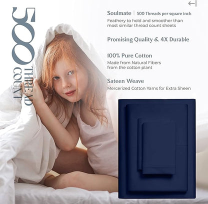 Mayfair Linen 500 Thread Count Twin Cotton Sheets - 3 PC Twin Size Bed Sheet Set Cotton (Navy Blue), Soft, Cooling, Sateen Hotel-Quality 16" Deep Pocket Bedsheet for Hot Sleepers (Fits 18" Mattress)