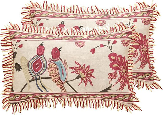 patdrea Designer Throw Pillow Covers 12"x20",Vintage Flowers and Bird Pattern Linen Pillowcases with Tassel Edges Pillows Cover for Couch,Decorative Lumbar Cushion for Living Room Outdoor,Set of 2