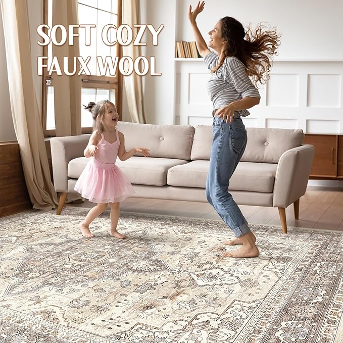 9x12 Area Rug Living Room: Washable Boho Large Neutral Vintage Soft Rugs Stain Resistant Farmhouse Non Slip Indoor Floor Carpet for Bedroom Nursery Kids Playroom Office Dining Room Home Decor- Brown