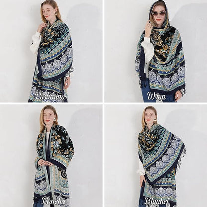 DANA XU 100% Merino Wool Pashmina Shawl for Women 96"x43", Oversized Cashmere Wrap with Tassels, Floral Travel Blanket Cape