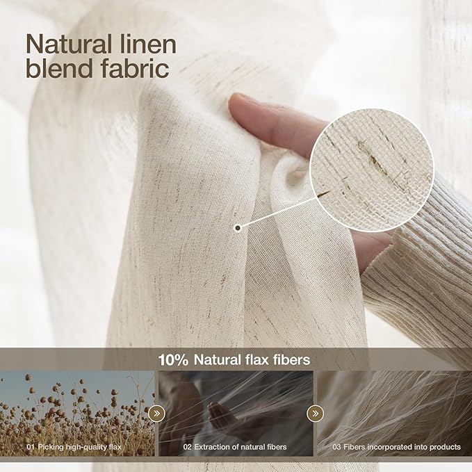 Anmao Flax Linen Curtains for Living Room 45 Inch Length 2 Panels Set, Light Filtering Sheer Window Curtain Drapes for Bedroom with Nickel Grommet, 52 Inch Wide Each Panel, Ivory Color