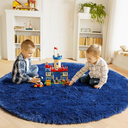 ONASAR Navy Blue Round Area Rugs 5ft, Soft Bedroom Circle Rug Floor Mat for Kids Girls Boys Teen Room, Fluffy Plush Shaggy Carpet for Baby Nursery Living Room Playroom Dorm Home Decor