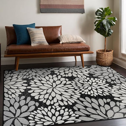 Beverly Rug Outdoor Rug 8x10 Modern Exotic Tropical Leaf Area Rugs for Indoor and Outdoor Patio Deck Porch Garden Water Resistant Washable Outside Carpet (8 x 10 Dark Gray)