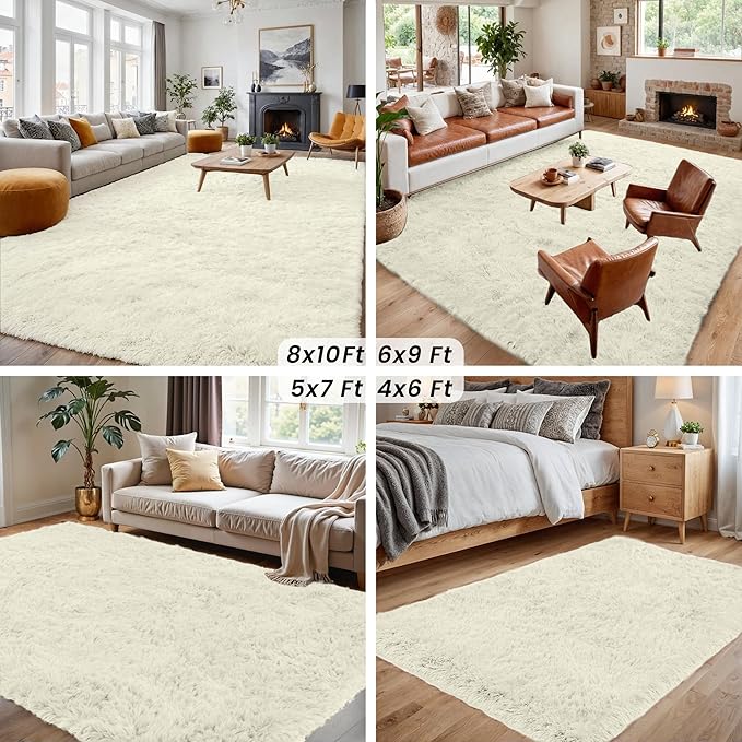 8x10 Area Rugs for Living Room Rug: Soft Fluffy Shag Cream White Rugs for Bedroom, Non-Slip Large Fuzzy Plush Rug Indoor Floor Carpet for Nursery Kids Boys Girl Room, Dorm, Playroom, Modern Home Decor