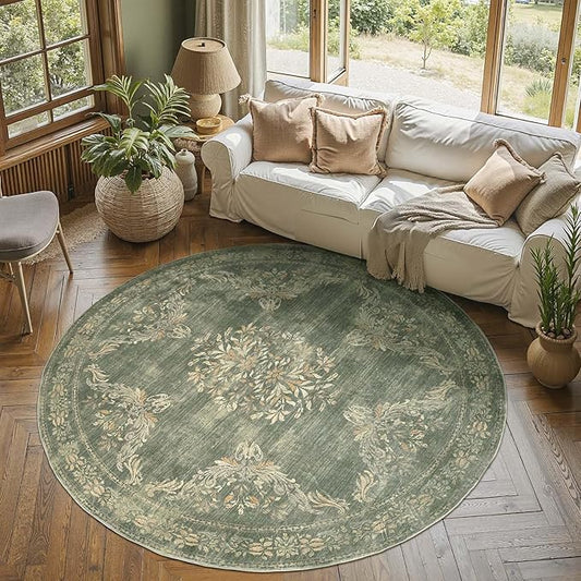 jinchan Round Rug 6ft Area Rugs Vintage Floral Distressed Design Machine Washable Soft Non-Slip Low-Pile Ultra-Thin Christmas Circle Rug for Living Room Dining Room Bedroom (6' Round, Dark Green)