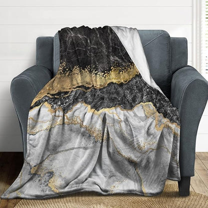 Modern Marble Blanket, Abstract Luxury Baroque Golden Black White Stone Veins Pattern Soft Warm Cozy Plush Flannel Covers for Livingroom Bedroom Couch Chair Camping Travel Home Decor Tapestry 60x80in