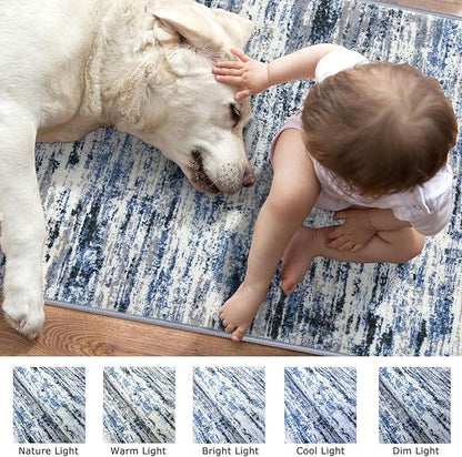 Modern Abstract Bedroom Runner Rug 2x7, Grey Blue White Washable Kitchen Runner, Non-Slip Soft Thin Faux Wool Mat for Entryway, Hallway, Laundry Room, Indoor Home Decor