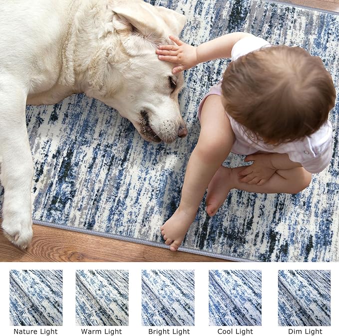 Modern Abstract 4x6 Living Room Washable Rug Non-Slip Soft Bedroom Area Rug Grey Blue White Thin Print Faux Wool Floor Carpet Throw Rugs for Nursery Playroom Dining Room Indoor Home Decor