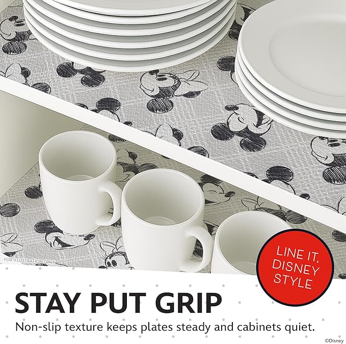 Disney Non Adhesive Shelf Liner – 18”x 10 ft Water-Resistant Drawer Liners for Kitchen Cabinets, Pantry, Fridge & Dressers – Easy Cut Cabinet Liner Roll- Mickey Mouse, Stitch & Winnie The Pooh