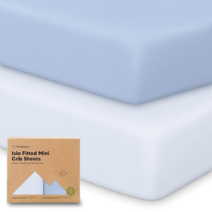 Pack and Play Sheets Fitted - 2-Pack Mini Crib Sheets for Pack N Play Mattress 38x26, Soft & Cozy, Neutral Toddler Playard Bedding, Snug Fitted Mini Baby Crib Mattress Cover Boy, Girl (Blue Flax)