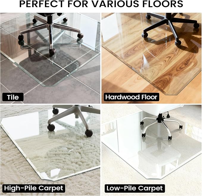 Tempered Glass Chair Mat with Patented Beveled Edge, 46”x55” 1/5" Thick Office Floor Mat for Carpet & Hardwood, w/ 12 Anti-Slip Pads