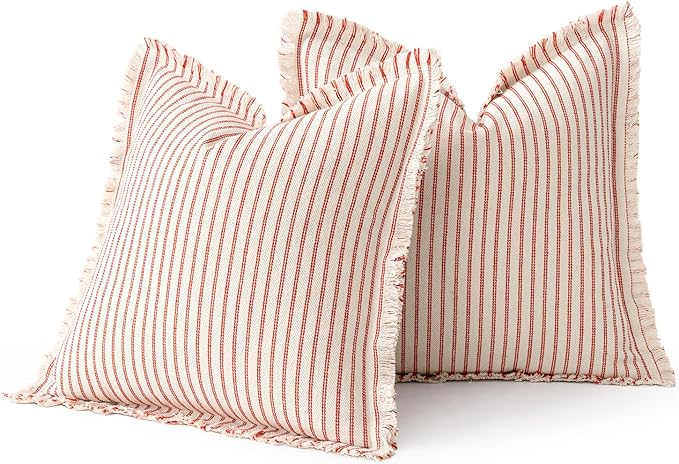 MIULEE Pack of 2 Christmas Red Pillow Covers 20x20 Inch Striped Farmhouse Couch Throw Pillow Covers with Fringe Chic Linen Decorative Cushion Covers for Sofa Living Room Bed Outdoor Home Decor