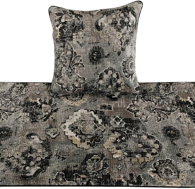 The HomeCentric Handmade Black & Grey Twin 53 x 18 inch Bed Runner with 2 Matching Pillow Cover, Velvet Damask with Tassels Bed Scarf, Abstract Modern - Paved Damask
