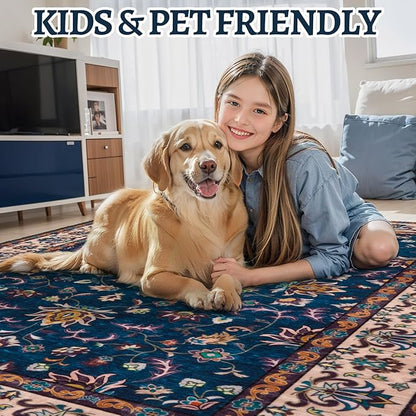 Tangsoo 5x7 Washable Rug, Floral Vintage Large Area Rugs for Living Room, Indoor Non Slip Print Floor Carpet, Soft Low Pile Machine Washable Rug for Bedroom Dining Room Dorm Home Decor Navy Blue