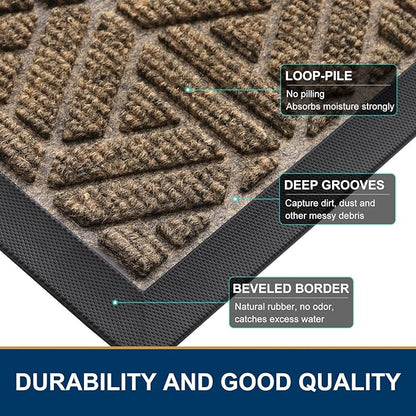 Smiry Front Door Mat Outside Entrance, Heavy Duty Sturdy Natural Rubber Doormat, Trap Dirt and Moisture, Easy Clean Low Profile Mats for Indoor Outdoor Entry, Grid Geometric (47x24, Brown)