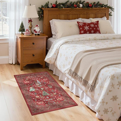 Christmas Living Room Area Rug 2x3 - Large Soft Washable Oriental Traditional Distressed Farmhouse Rugs for Bedroom - Indoor Floor Accent Carpet for Home Office House Decor - Red
