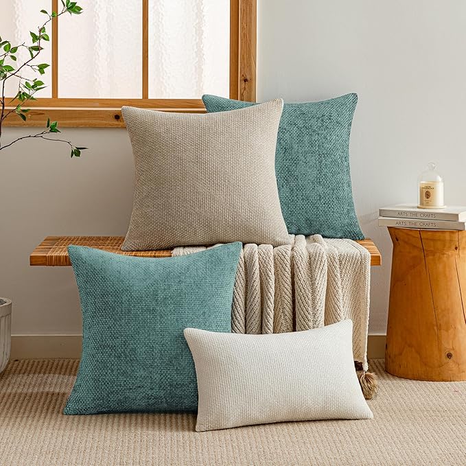 a moment Teal Chenille Throw Pillow Covers 16x16 Inch Pack of 2 Modern Decorative Throw Pillow Covers Farmhouse Cross Covers Home Decor for Sofa Bedroom Living Room