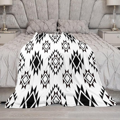Boho Throw Blanket, Black and White Native Blankets, Vintage Tribal Aztec Printed Flannel Blanket for Chair Bed Sofa Couch 40"x50"
