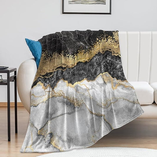 Modern Marble Blanket, Abstract Luxury Baroque Golden Black White Stone Veins Pattern Soft Warm Cozy Plush Flannel Covers for Livingroom Bedroom Couch Chair Camping Travel Home Decor Tapestry 30x40in