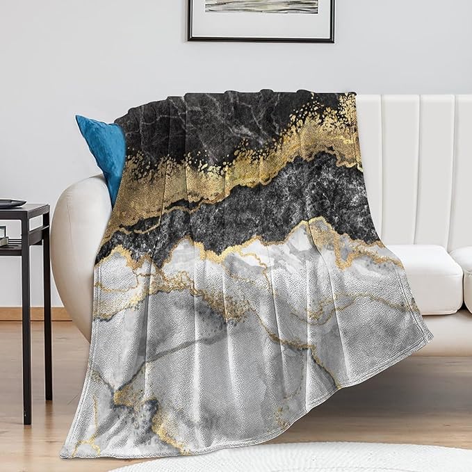 Modern Marble Blanket, Abstract Luxury Baroque Golden Black White Stone Veins Pattern Soft Warm Cozy Plush Flannel Covers for Livingroom Bedroom Couch Chair Camping Travel Home Decor Tapestry 40x50in