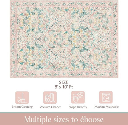 MUJOO Pink Washable Rugs 8x10,Floral Area Rug for Living Room Dining Room Bedroom,Large Throw Carpet,Boho Non Slip Indoor Floor Big Soft Botanical Vintage Ultra-Thin