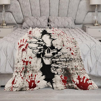 Horror Skull Throw Blanket, Halloween Day of The Dead Vintage Gothic Scary Blood Hand Soft Warm Fleece Blanket for Bed Couch Living Room All Season, 50"x60"