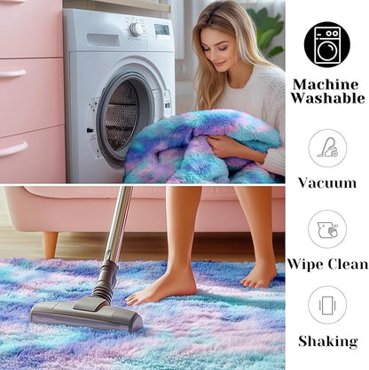 ONASAR Fluffy Area Rugs for Girls Bedroom, 4x6 Purple Rainbow Washable Bedside Rug, Indoor Cute Ultra Soft Plush Shag Floor Carpets for Nursery Kids Teen Girl Dorm Princess Room Playroom Home Decor