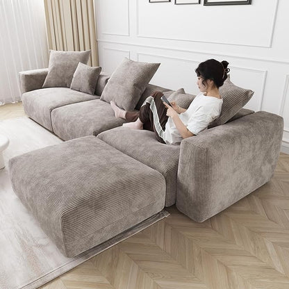 JACH Modern Sectional Couch Sofa, Corduroy Modular Sectional Couch with Chaise Ottoman, Cushion Covers Removable, Oversized Soft Couches for Living Room, Office (Light Brown)