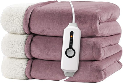 Electric Heated Blanket Twin Size 62"x84" - Dual-Sided with Microplush & Sherpa Fabric, 4 Heat Settings & 10 Hours Auto Off, Machine Washable - Berry