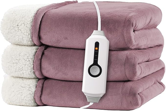 Electric Heated Blanket Twin Size 62"x84" - Dual-Sided with Microplush & Sherpa Fabric, 4 Heat Settings & 10 Hours Auto Off, Machine Washable - Berry