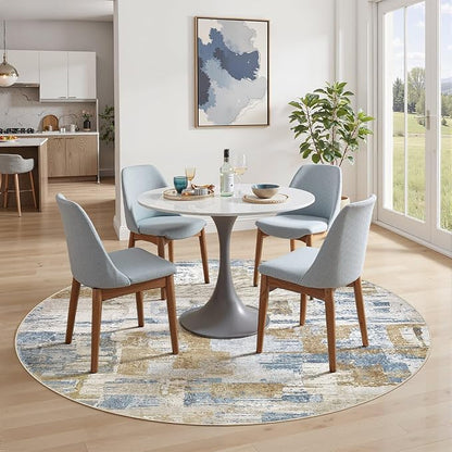 Abstract Living Room Rug 6x6 - Modern Washable Soft Thin Area Rug for Living Room Bedroom Under Dining Table - Neutral Indoor Floor Rug Carpets for Home Office Playroom Nursery - Blue Gold