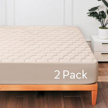 Hearth & Harbor 2 Pack Twin XL Size Quilted Fitted Mattress Pad Cover, 100% Waterproof Mattress Protectors, College Dorm Room Essentials, Deep Pocket Fitted Mattress Cover 8" - 21", Beige Cream