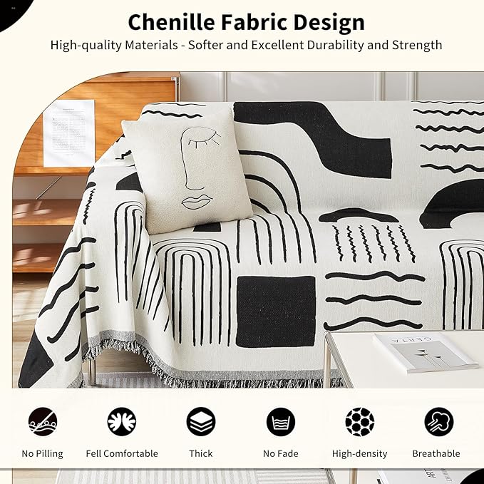Boho Chenille Couch Cover with Tassels, Bohemian Sofa Cover for 3 Cushion Couch, L-Shaped Sectional, Loveseat, 2/3/4 Seater (71" x 134", Black)