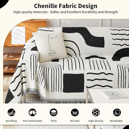 Boho Chenille Couch Cover with Tassels, Bohemian Sofa Cover for 3 Cushion Couch, L-Shaped Sectional, Loveseat, 2/3/4 Seater (71" x 134", Black)