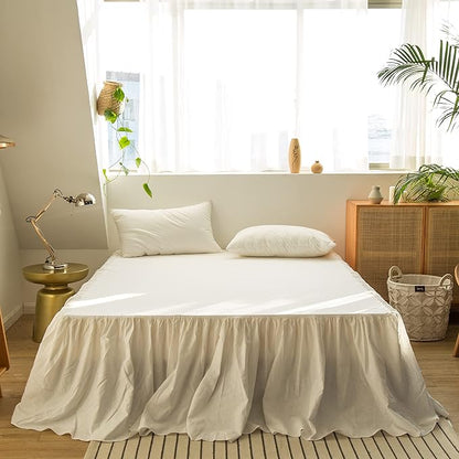 BISELINA French Linen Bed Skirt with Pleated Frills 18-Inch Tailored Drop Natural Flax Cotton Blend Dust Ruffle Soft Cozy Farmhouse Bedding (18" Twin, Ruffle White)