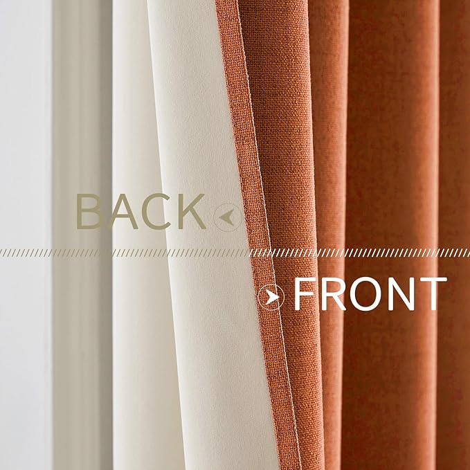 MIULEE 100% Blackout Linen Curtains for Bedroom Thermal Insulated Orange Grommet Room Darkening Curtains & Drapes Fall Decor for Living Room Nursery 52 x 84 Inch (2 Panels)