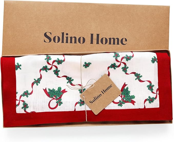 Solino Home 100% Pure Linen Christmas Table Runner 90 Inches Long - Red and Green Table Runner 14 x 90 Inch - Handcrafted and Machine Washable - Holly Ribbon Print