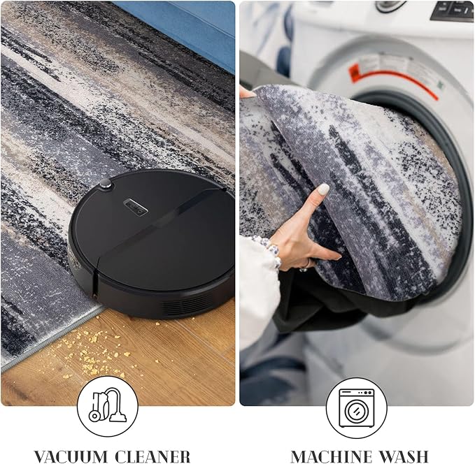 Modern Abstract Runner Rug 2x10, Grey Black Multi Washable Long Kitchen Runner Non-Slip Soft Hallway Rug Runner Thin Print Faux Wool Carpet for Entryway Bedroom Laundry Room Indoor Home Decor