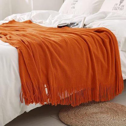 Homiest Decorative Knitted Throw Blanket with Fringe, Lightweight & Soft Acrylic Knit Blanket Tassel for Couch, Sofa, Bed (Dark Orange, 50 x 60 Inch)