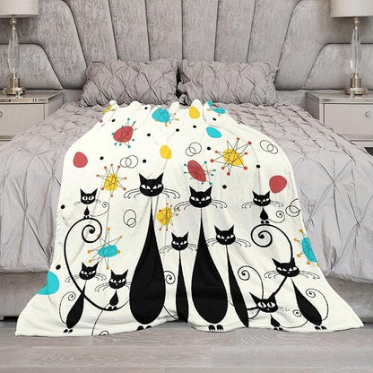 Mid Century Modern Throw Blanket, Atomic Black Cat Starbursts Iconic Sputnik Retro Abstract Geometric 1950s 1960s Throw for Adults Kids Pet, Beige Black 40"x50"