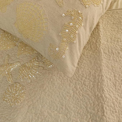 The HomeCentric King Queen Twin Beige Handmade Full 68"x18" Bed Runner with Pillow Cover, Pearl Embroidery Bed Scarf on Linen Fabric - Off to The Sea