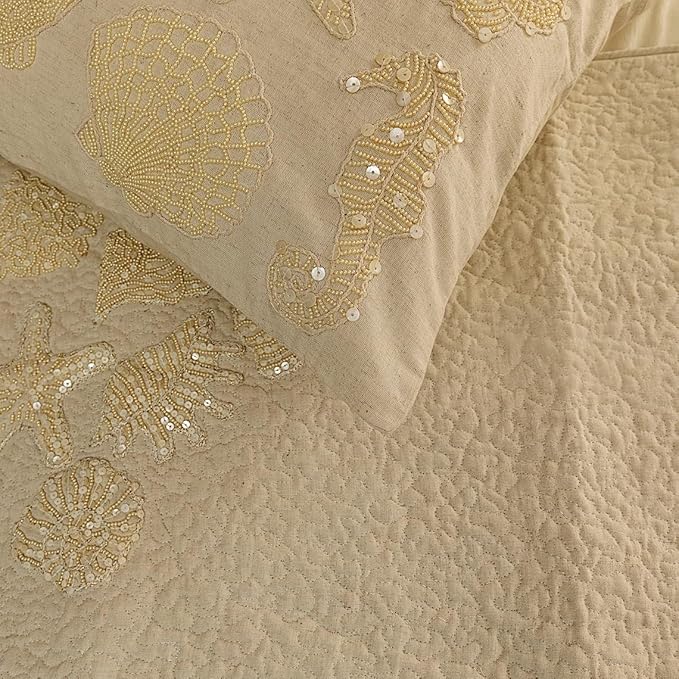 The HomeCentric King Queen Twin Beige Handmade CA King 86"x18" Bed Runner Without Pillow Cover, Pearl Embroidery Bed Scarf on Linen Fabric - Off to The Sea