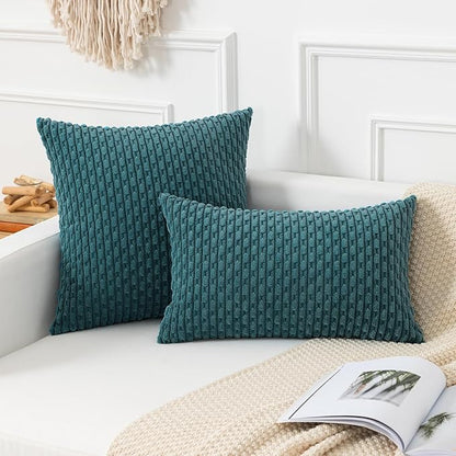 Kevin Textile 14x24 Inch Pillow Cover 1 Pack Boho Decorative Soft Striped Corduroy Lumbar Farmhouse Color Accent Rectangle Cushion Case for Living Room Couch Sofa Bed, Teal Blue