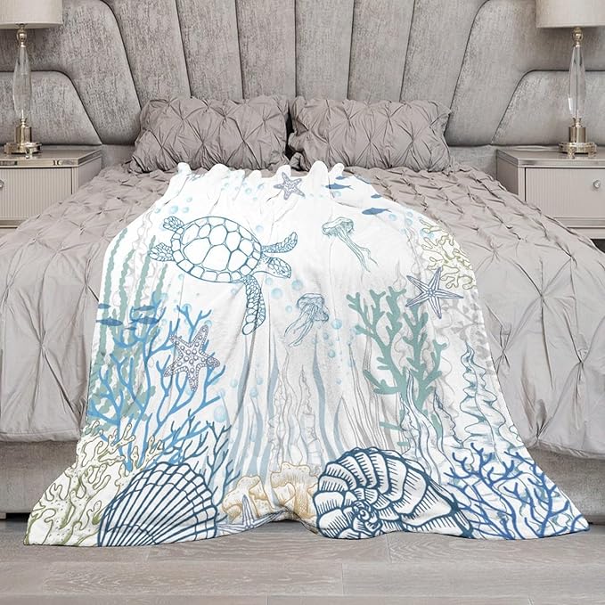 Nautical Turtle Throw Blanket, Coastal Sea Ocean Theme Coral Starfish Seashell Jellyfish Undersea Life Fleece Blanket for Summer Home Bed Sofa Couch Chair, 60"x80"