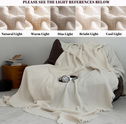 MorroMorn 100% Cotton Muslin Throw Blanket with Fringes 50"x60", 4-Layer Cotton Gauze Blankets for Adults, Boho Bedding Breathable Lightweight Ultra-Soft for Couch Bed Sofa All Seasons, Linen Beige