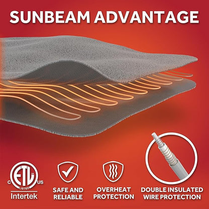 Sunbeam Printed Royal Sherpa Foot Pocket Heated Throw Electric Blanket, 50" x 60", 4 Heat Settings, 4-Hour Auto Shut-Off, Warming Cozy Throw for Couch or Bed, Machine Washable, Sage Checkerboard